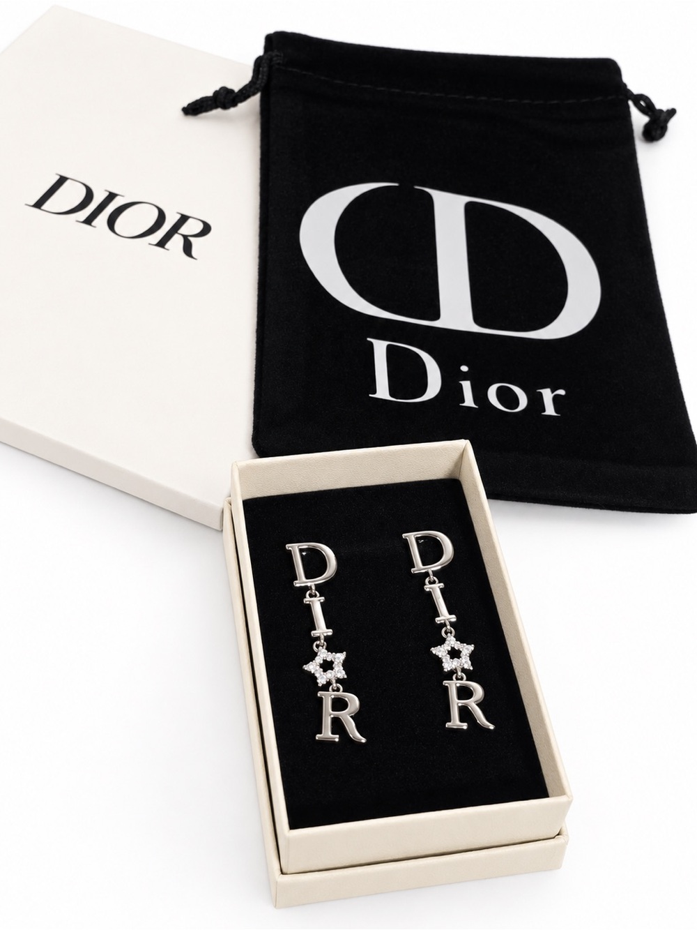 Silver Dior dropped dangling earrings